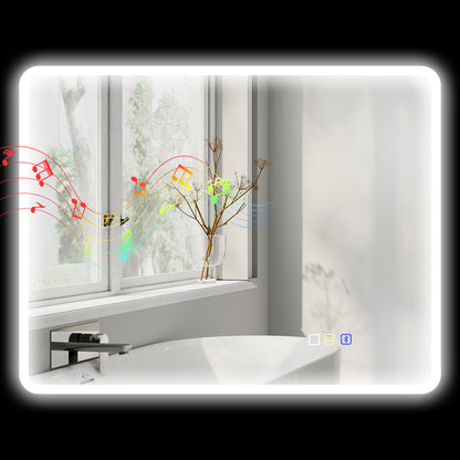 Bluetooth Bathroom Mirror 70 x 90 cm, Wall LED Bathroom Mirror with Touch Switch, 3 Color Adjustable Light, Anti-Fog, Memory - Silver