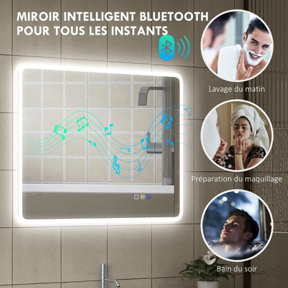 Bluetooth Bathroom Mirror 70 x 90 cm, Wall LED Bathroom Mirror with Touch Switch, 3 Color Adjustable Light, Anti-Fog, Memory - Silver
