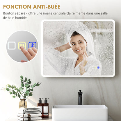 Bluetooth Bathroom Mirror 70 x 90 cm, Wall LED Bathroom Mirror with Touch Switch, 3 Color Adjustable Light, Anti-Fog, Memory - Silver