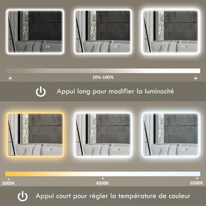 Bluetooth Bathroom Mirror 70 x 90 cm, Wall LED Bathroom Mirror with Touch Switch, 3 Color Adjustable Light, Anti-Fog, Memory - Silver