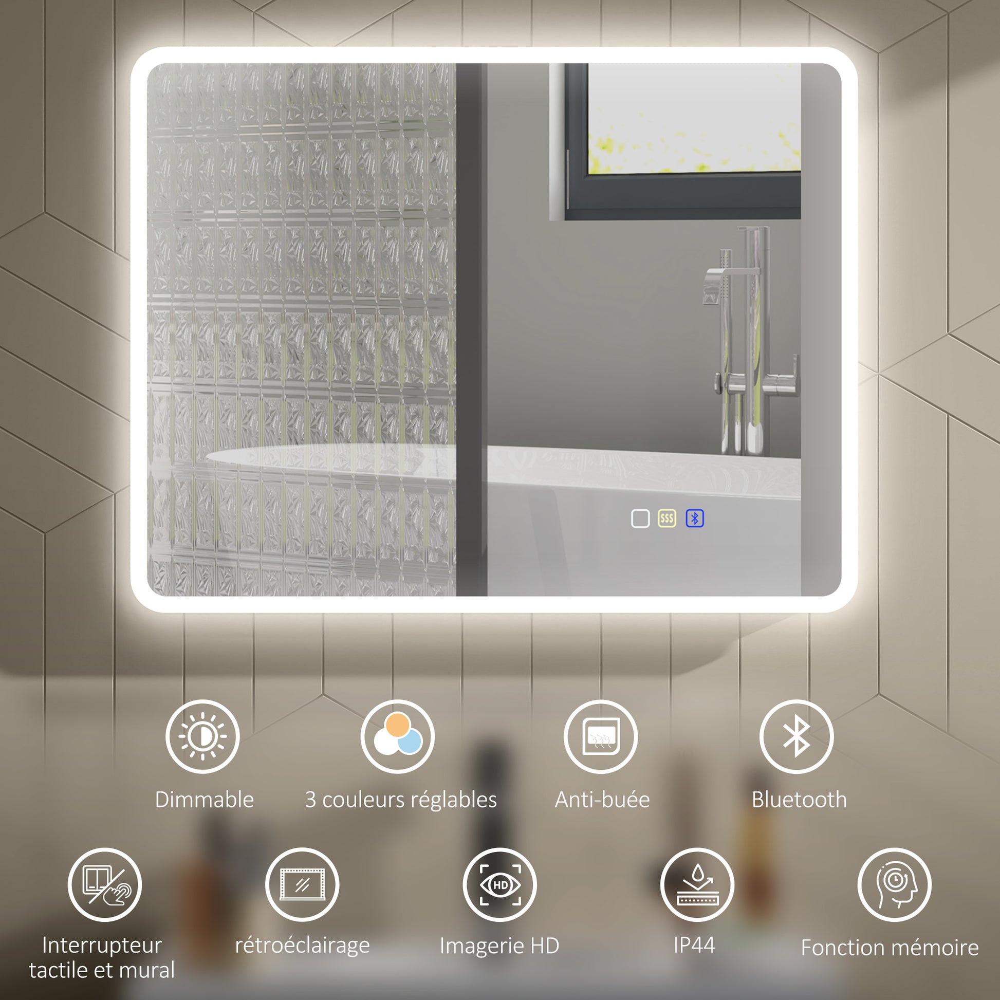 Bluetooth Bathroom Mirror 70 x 90 cm, Wall LED Bathroom Mirror with Touch Switch, 3 Color Adjustable Light, Anti-Fog, Memory - Silver