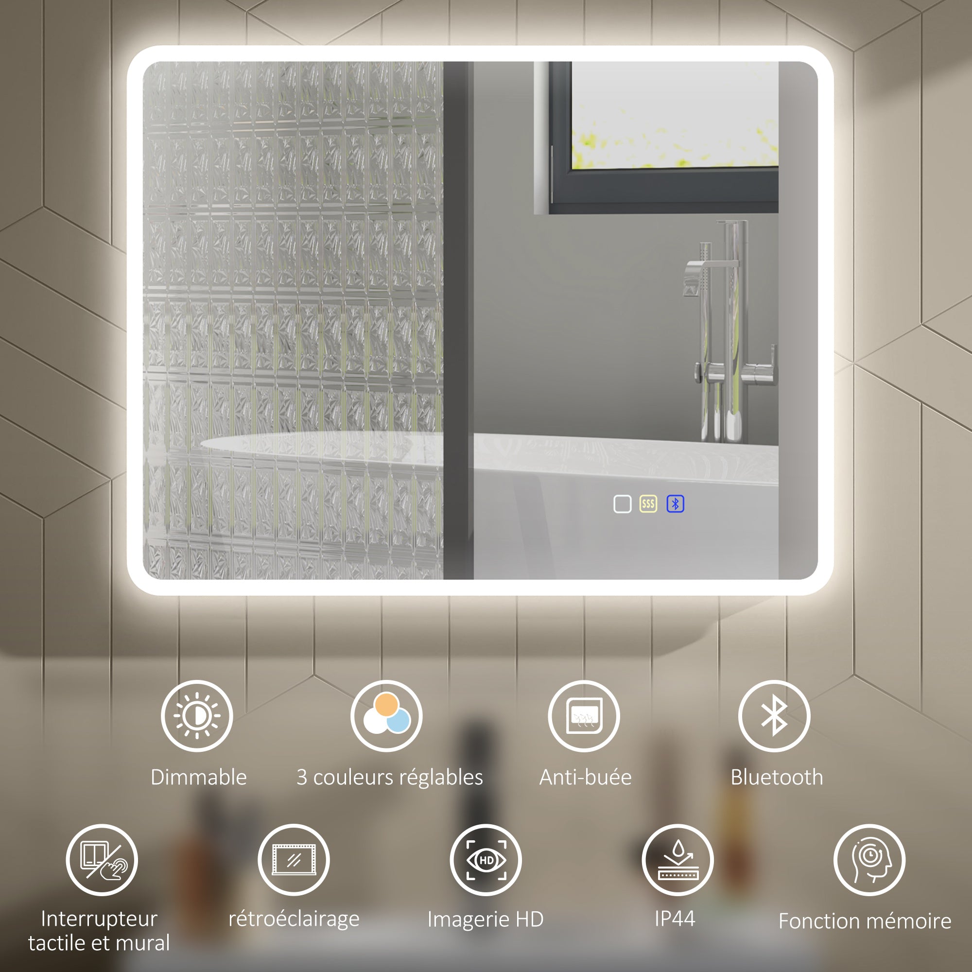 Bluetooth Bathroom Mirror 70 x 90 cm, Wall LED Bathroom Mirror with Touch Switch, 3 Color Adjustable Light, Anti-Fog, Memory - Silver