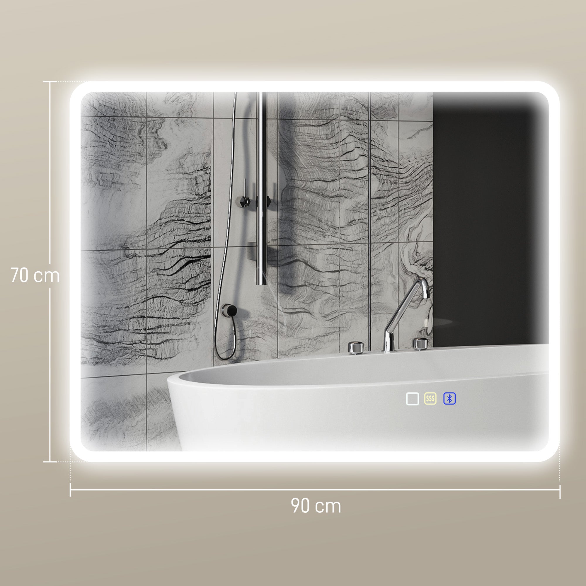Bluetooth Bathroom Mirror 70 x 90 cm, Wall LED Bathroom Mirror with Touch Switch, 3 Color Adjustable Light, Anti-Fog, Memory - Silver