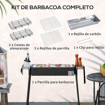 Portable Charcoal BBQ Grill with 2 Stainless Steel Grills and 2 Spice Shelves for Camping Picnic Garden 94x39x70 cm Black