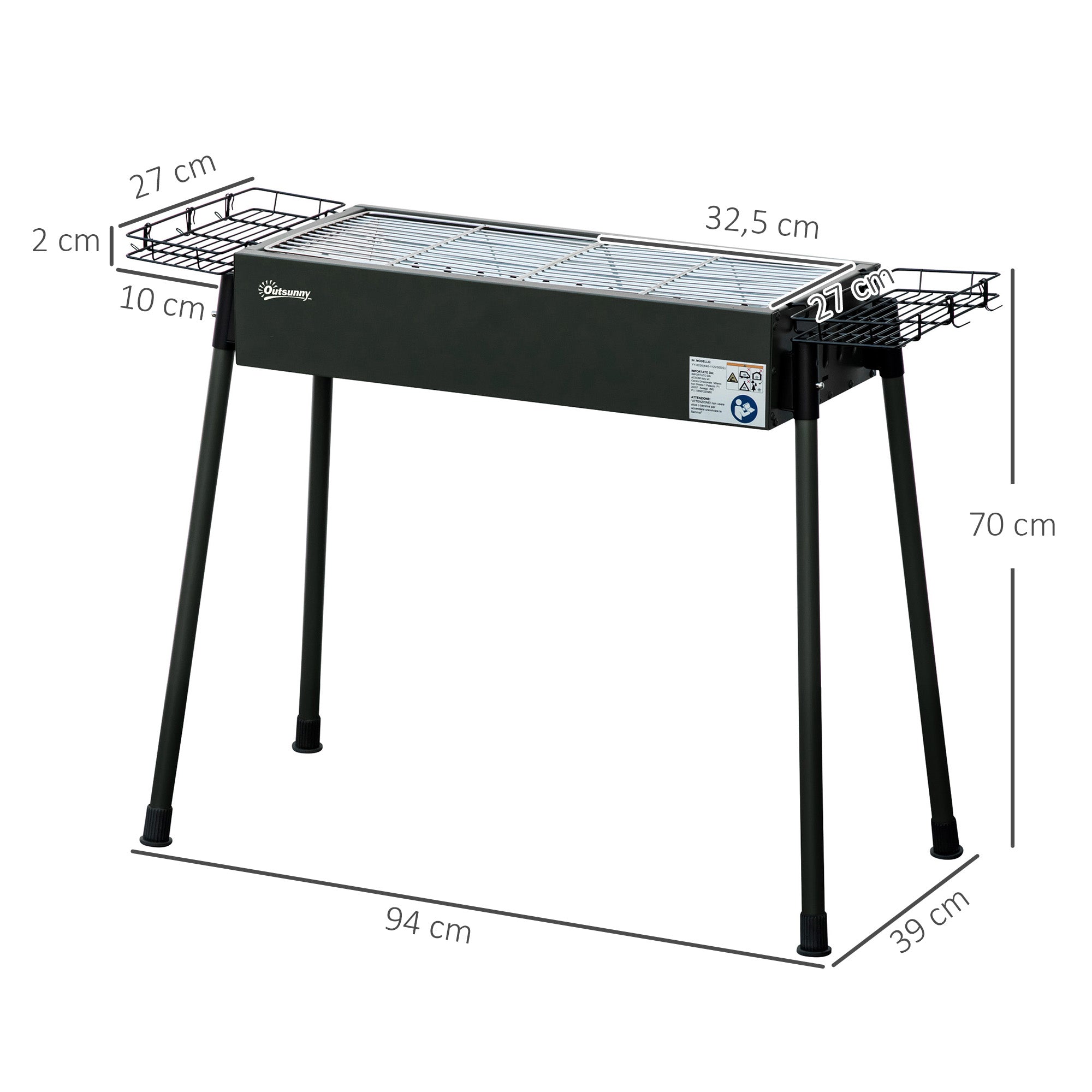 Portable Charcoal BBQ Grill with 2 Stainless Steel Grills and 2 Spice Shelves for Camping Picnic Garden 94x39x70 cm Black