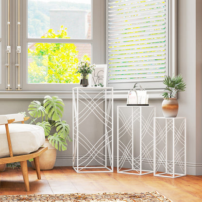 3-Piece Stackable Plant Stand Set — Powder-Coated Metal, White; Heights 19.7"/23.6"/27.6" (50/60/70 cm), Load Capacity up to 66/44/22 lb