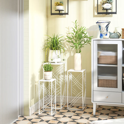 3-Piece Stackable Plant Stand Set — Powder-Coated Metal, White; Heights 19.7"/23.6"/27.6" (50/60/70 cm), Load Capacity up to 66/44/22 lb