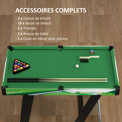 SPORTNOW Compact American Folding Billiard Table with Accessories 2 Cues, 16 Balls, Triangle, Chalk, dim. 104L x 55.5W x 68H cm, Green Felt
