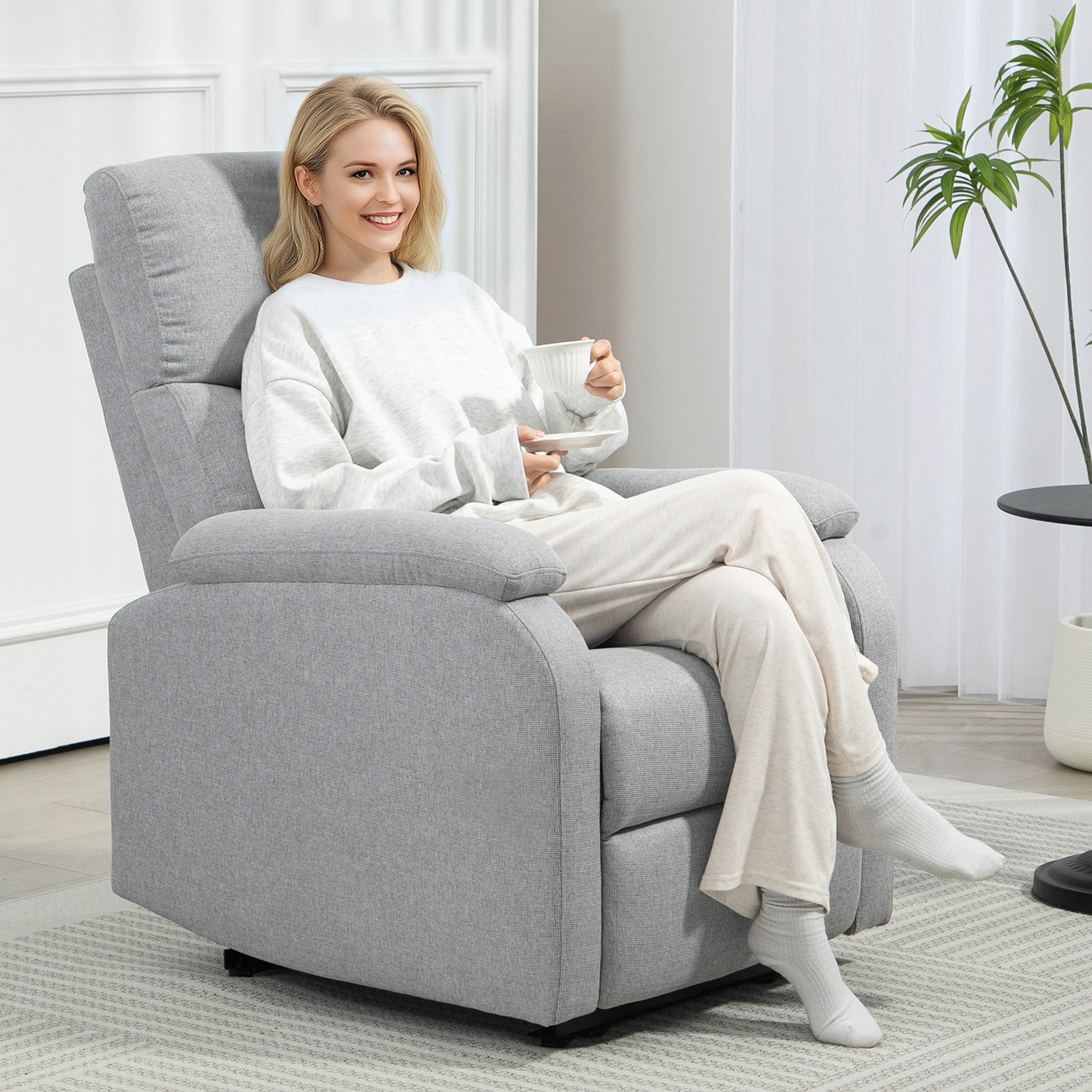 Recliner Armchair, TV Chair with Reclining Function, Upholstered TV Chair with Linen Look, Reclining Armchair with Pocket Spring Core, Relaxing Chair for up to 150 kg for Living Room, Gray