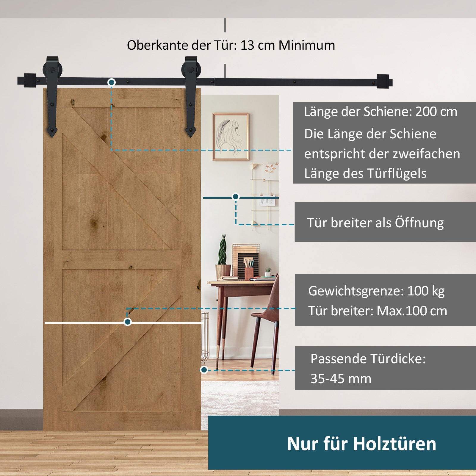 Sliding Door Hardware Kit 200 cm Complete Set with Rails, Rollers, Anti-Jump Devices, Door Stoppers, Sliding Door System made of Carbon Steel Black
