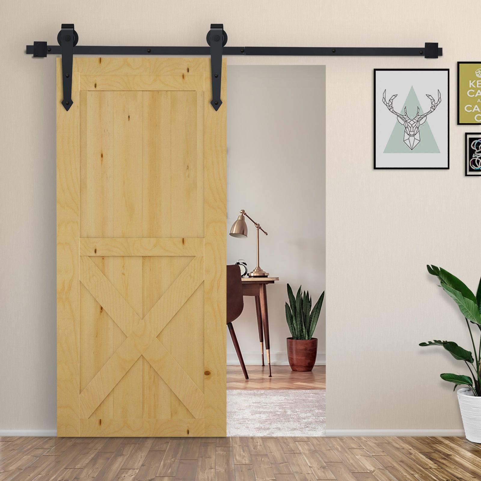 Sliding Door Hardware Kit 200 cm Complete Set with Rails, Rollers, Anti-Jump Devices, Door Stoppers, Sliding Door System made of Carbon Steel Black