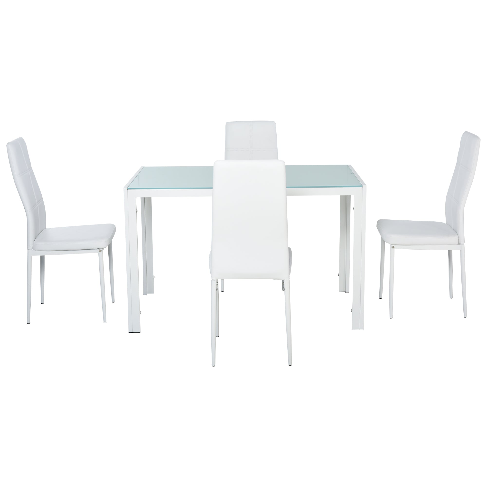 Dining Set with Table and 4 Chairs 5-Piece Kitchen Furniture Set Rectangular Tempered Glass Table and PU Upholstered Chairs with White Metal Legs