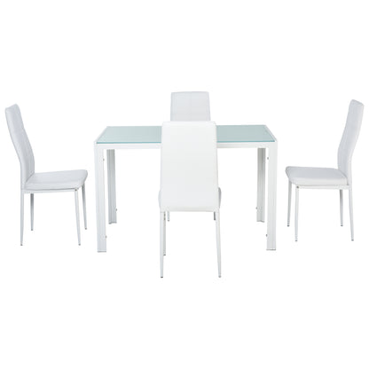 Dining Set with Table and 4 Chairs 5-Piece Kitchen Furniture Set Rectangular Tempered Glass Table and PU Upholstered Chairs with White Metal Legs