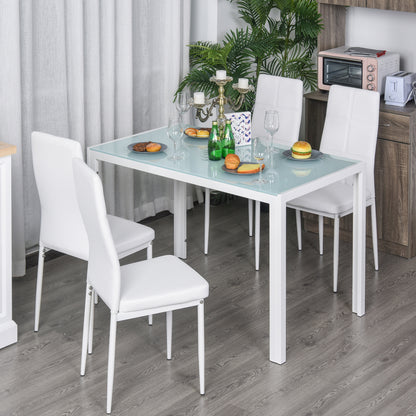 Dining Set with Table and 4 Chairs 5-Piece Kitchen Furniture Set Rectangular Tempered Glass Table and PU Upholstered Chairs with White Metal Legs