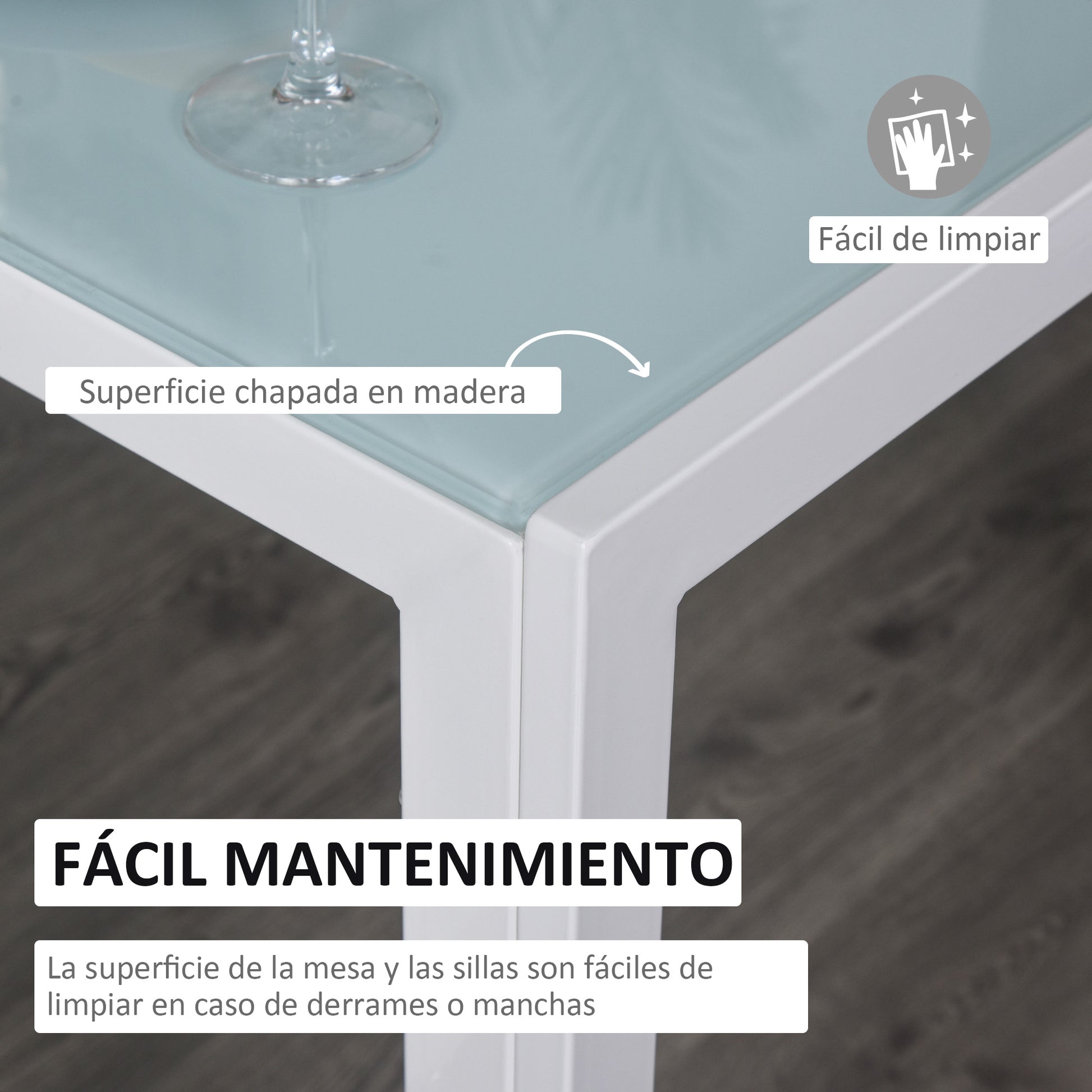 Dining Set with Table and 4 Chairs 5-Piece Kitchen Furniture Set Rectangular Tempered Glass Table and PU Upholstered Chairs with White Metal Legs