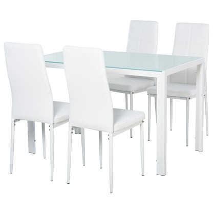 Dining Set with Table and 4 Chairs 5-Piece Kitchen Furniture Set Rectangular Tempered Glass Table and PU Upholstered Chairs with White Metal Legs
