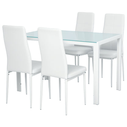 Dining Set with Table and 4 Chairs 5-Piece Kitchen Furniture Set Rectangular Tempered Glass Table and PU Upholstered Chairs with White Metal Legs