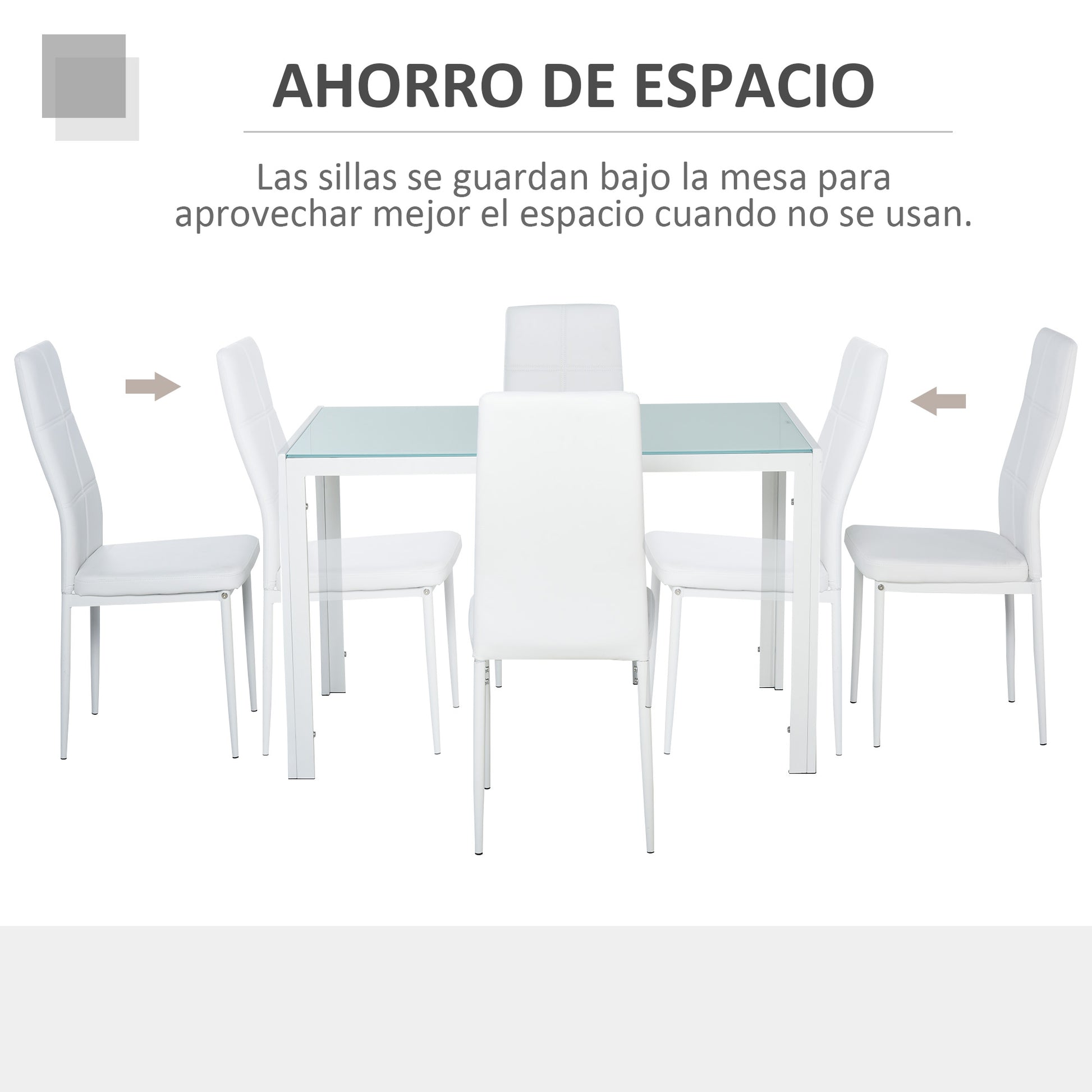Dining Set with Table and 4 Chairs 5-Piece Kitchen Furniture Set Rectangular Tempered Glass Table and PU Upholstered Chairs with White Metal Legs