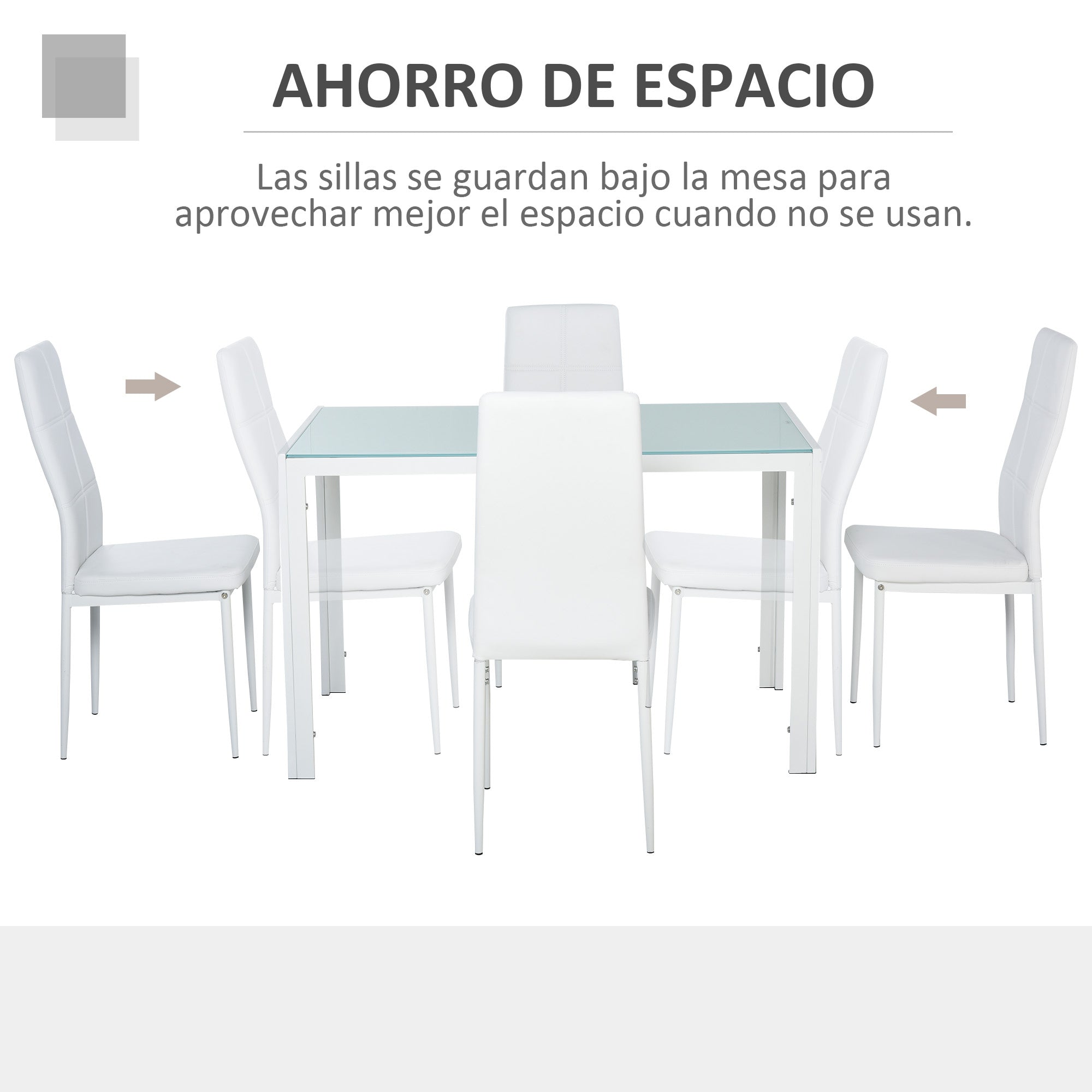 Dining Set with Table and 4 Chairs 5-Piece Kitchen Furniture Set Rectangular Tempered Glass Table and PU Upholstered Chairs with White Metal Legs