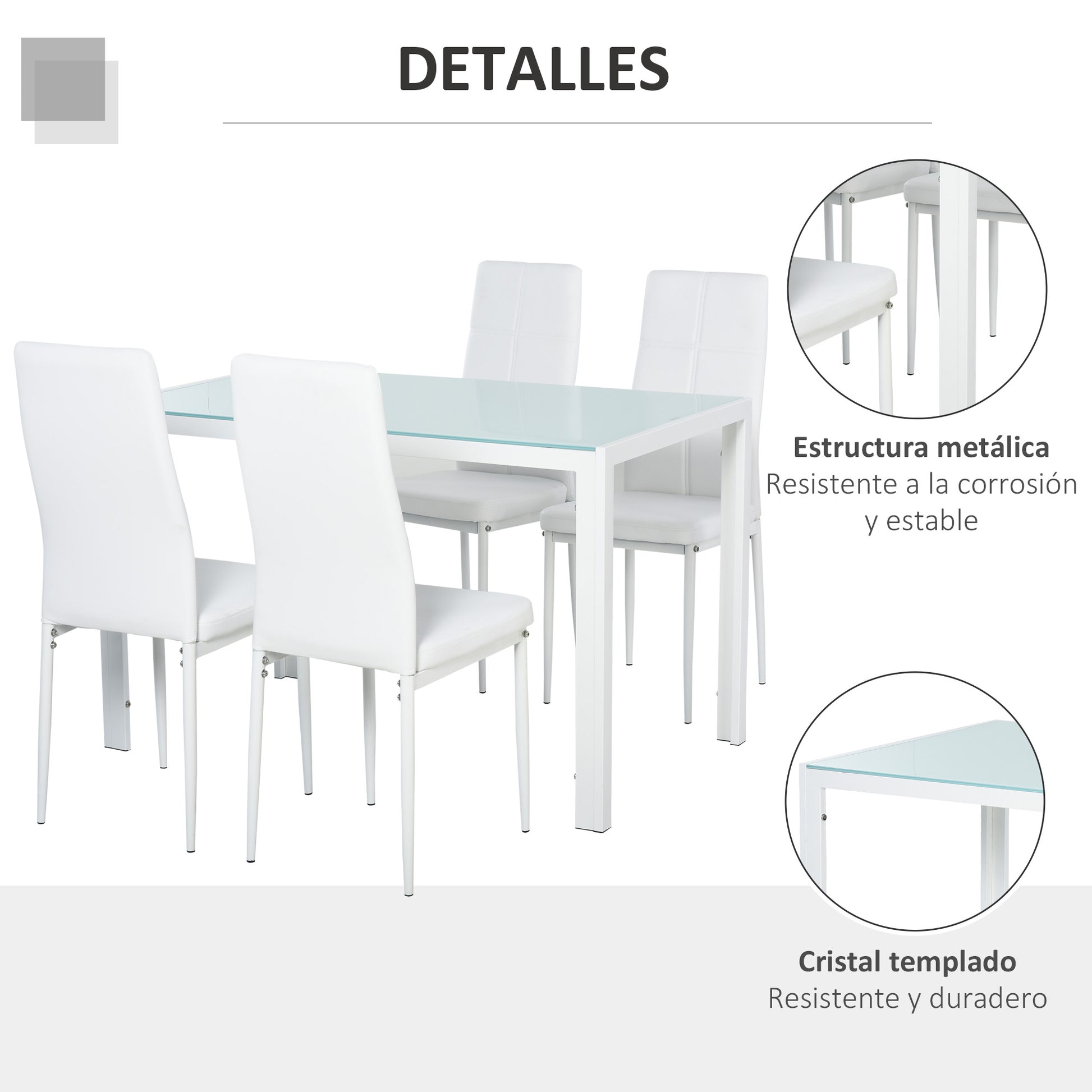 Dining Set with Table and 4 Chairs 5-Piece Kitchen Furniture Set Rectangular Tempered Glass Table and PU Upholstered Chairs with White Metal Legs