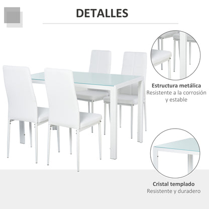 Dining Set with Table and 4 Chairs 5-Piece Kitchen Furniture Set Rectangular Tempered Glass Table and PU Upholstered Chairs with White Metal Legs