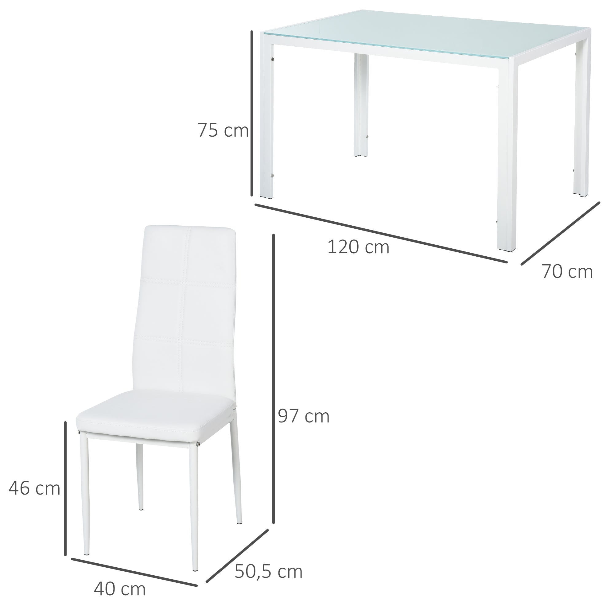 Dining Set with Table and 4 Chairs 5-Piece Kitchen Furniture Set Rectangular Tempered Glass Table and PU Upholstered Chairs with White Metal Legs