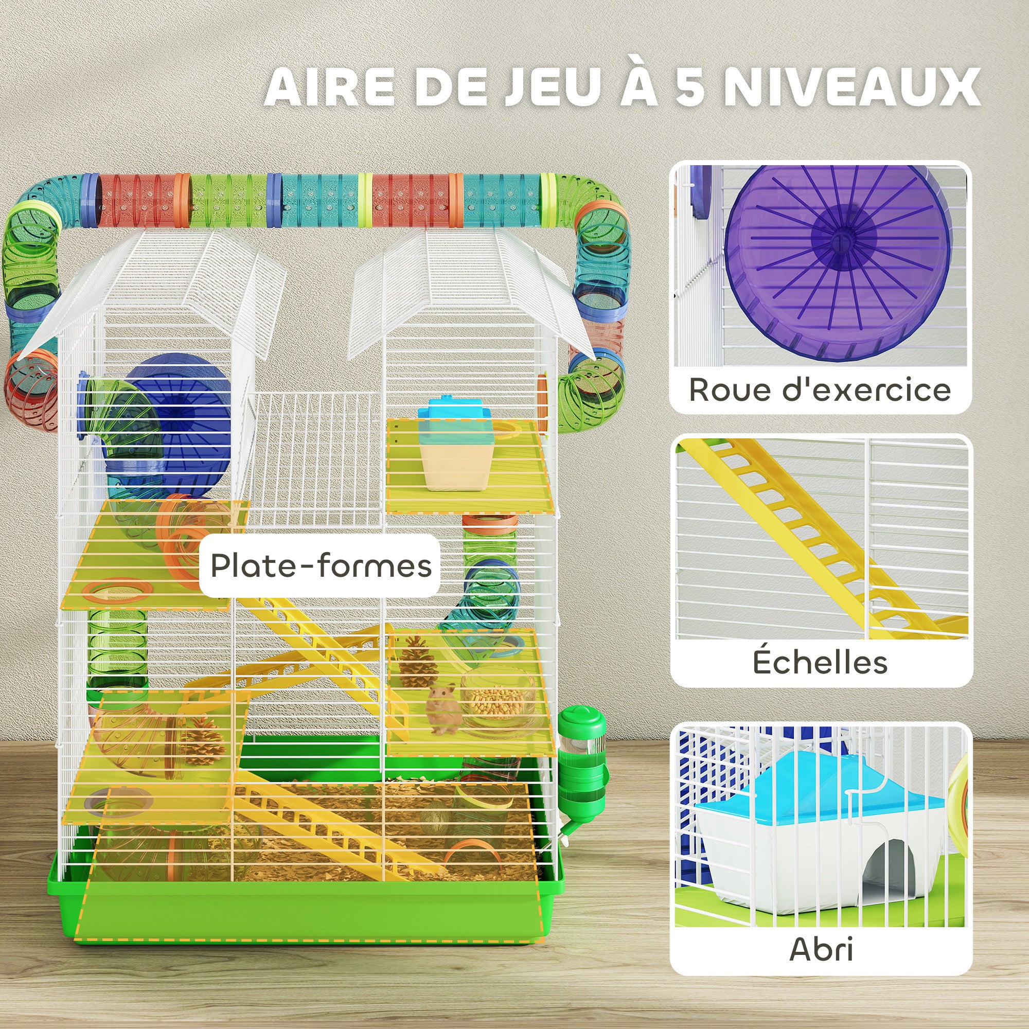 Hamster Mouse Small Animal Rodent Cage with Tunnel Feeder Wheel Toy 47 x 30 x 59 cm Green
