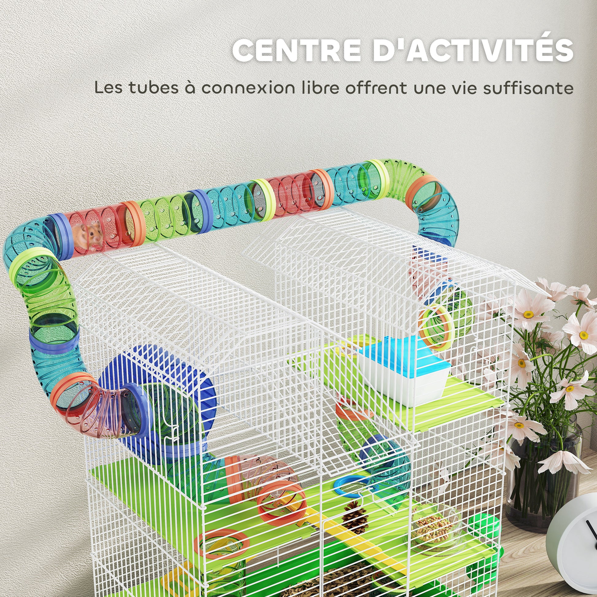 Hamster Mouse Small Animal Rodent Cage with Tunnel Feeder Wheel Toy 47 x 30 x 59 cm Green
