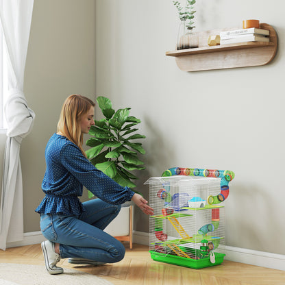 Hamster Mouse Small Animal Rodent Cage with Tunnel Feeder Wheel Toy 47 x 30 x 59 cm Green