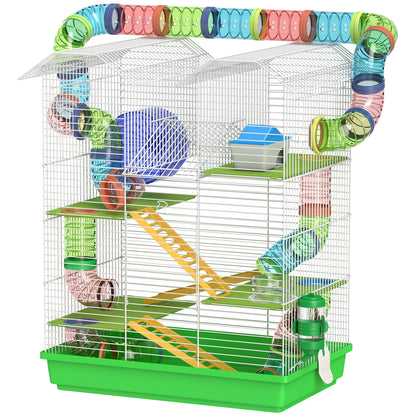 Hamster Mouse Small Animal Rodent Cage with Tunnel Feeder Wheel Toy 47 x 30 x 59 cm Green