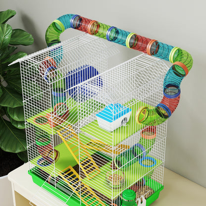 Hamster Mouse Small Animal Rodent Cage with Tunnel Feeder Wheel Toy 47 x 30 x 59 cm Green