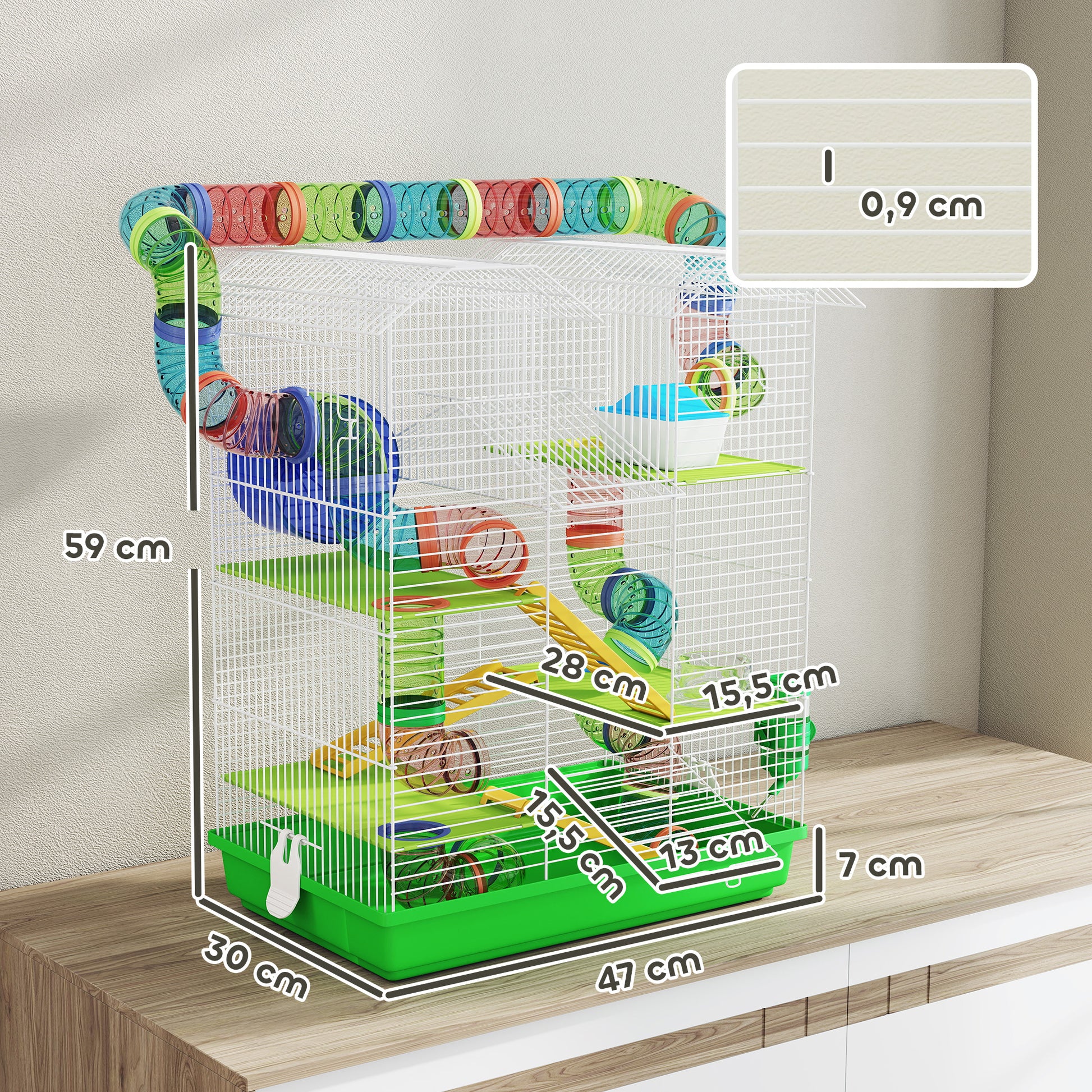 Hamster Mouse Small Animal Rodent Cage with Tunnel Feeder Wheel Toy 47 x 30 x 59 cm Green