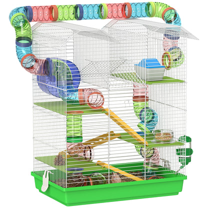 Hamster Mouse Small Animal Rodent Cage with Tunnel Feeder Wheel Toy 47 x 30 x 59 cm Green