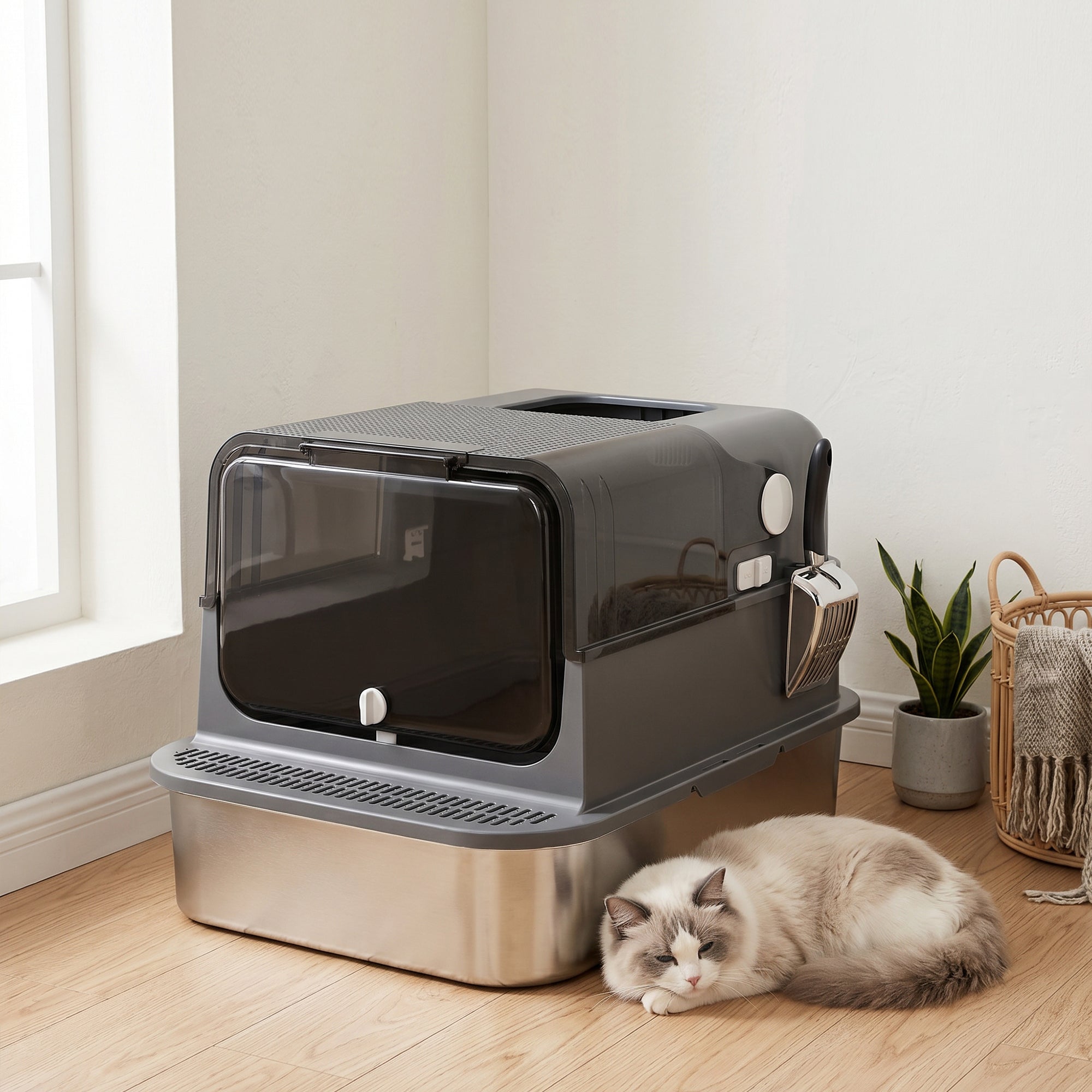 XXL Stainless Steel Cat Litter Box for Large Cats — Flip-Top Covered Litter Box, High Sides, Top Entry, Scoop, Odor-Resistant, Easy-Clean, Leak-Proof, Black