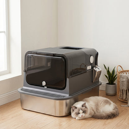 XXL Stainless Steel Cat Litter Box for Large Cats — Flip-Top Covered Litter Box, High Sides, Top Entry, Scoop, Odor-Resistant, Easy-Clean, Leak-Proof, Black
