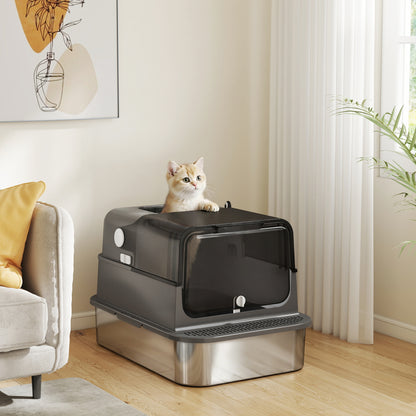 XXL Stainless Steel Cat Litter Box for Large Cats — Flip-Top Covered Litter Box, High Sides, Top Entry, Scoop, Odor-Resistant, Easy-Clean, Leak-Proof, Black