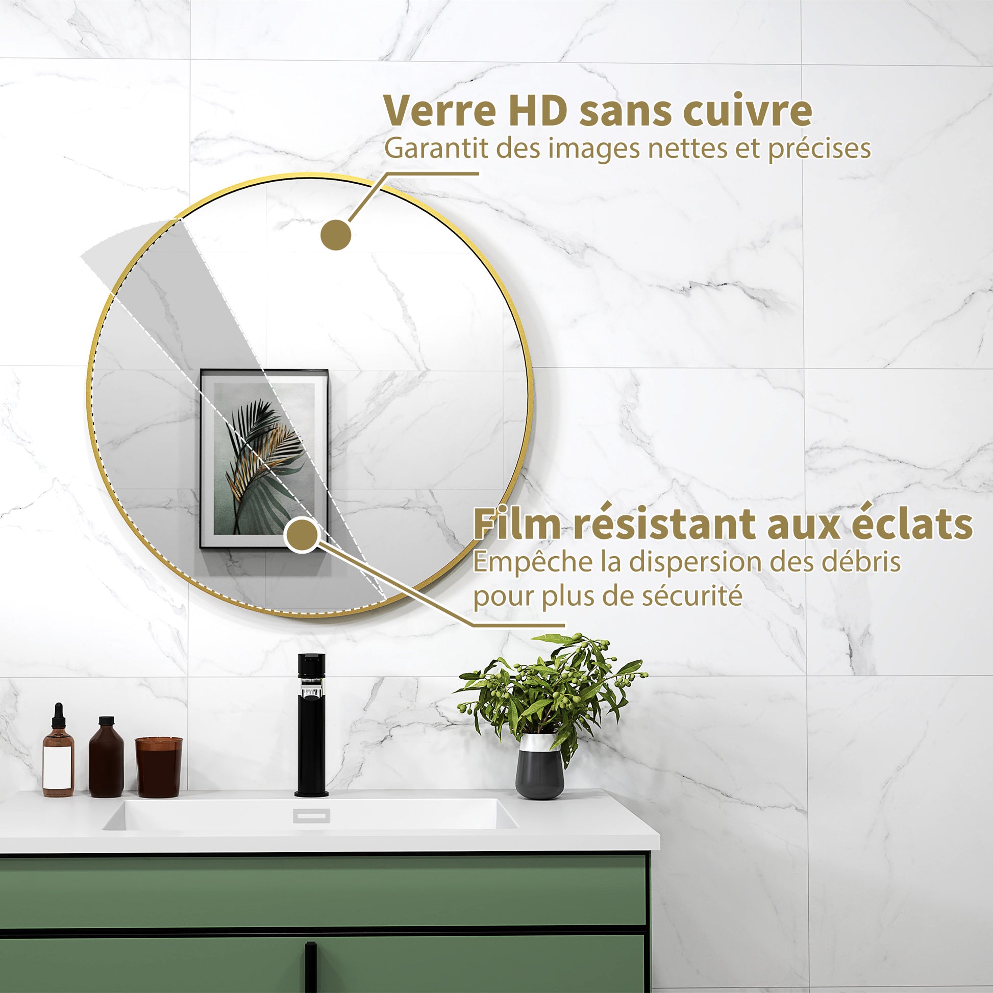 Round Mirror, Bathroom Mirror, Diameter 70 cm, Metal Frame, Wall Mirror, Easy to Install, for Bedroom, Living Room, Entryway, Gold