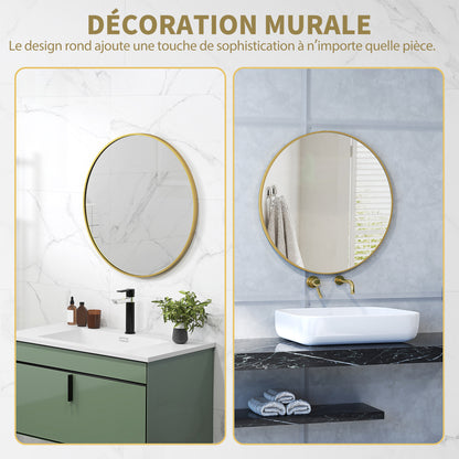 Round Mirror, Bathroom Mirror, Diameter 70 cm, Metal Frame, Wall Mirror, Easy to Install, for Bedroom, Living Room, Entryway, Gold