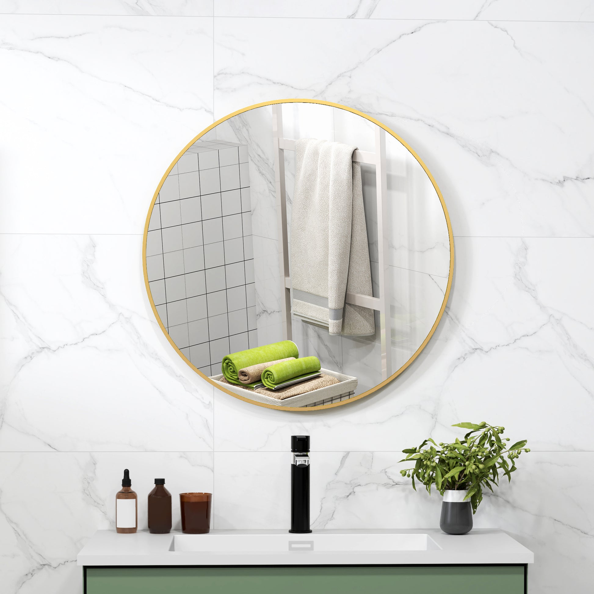 Round Mirror, Bathroom Mirror, Diameter 70 cm, Metal Frame, Wall Mirror, Easy to Install, for Bedroom, Living Room, Entryway, Gold