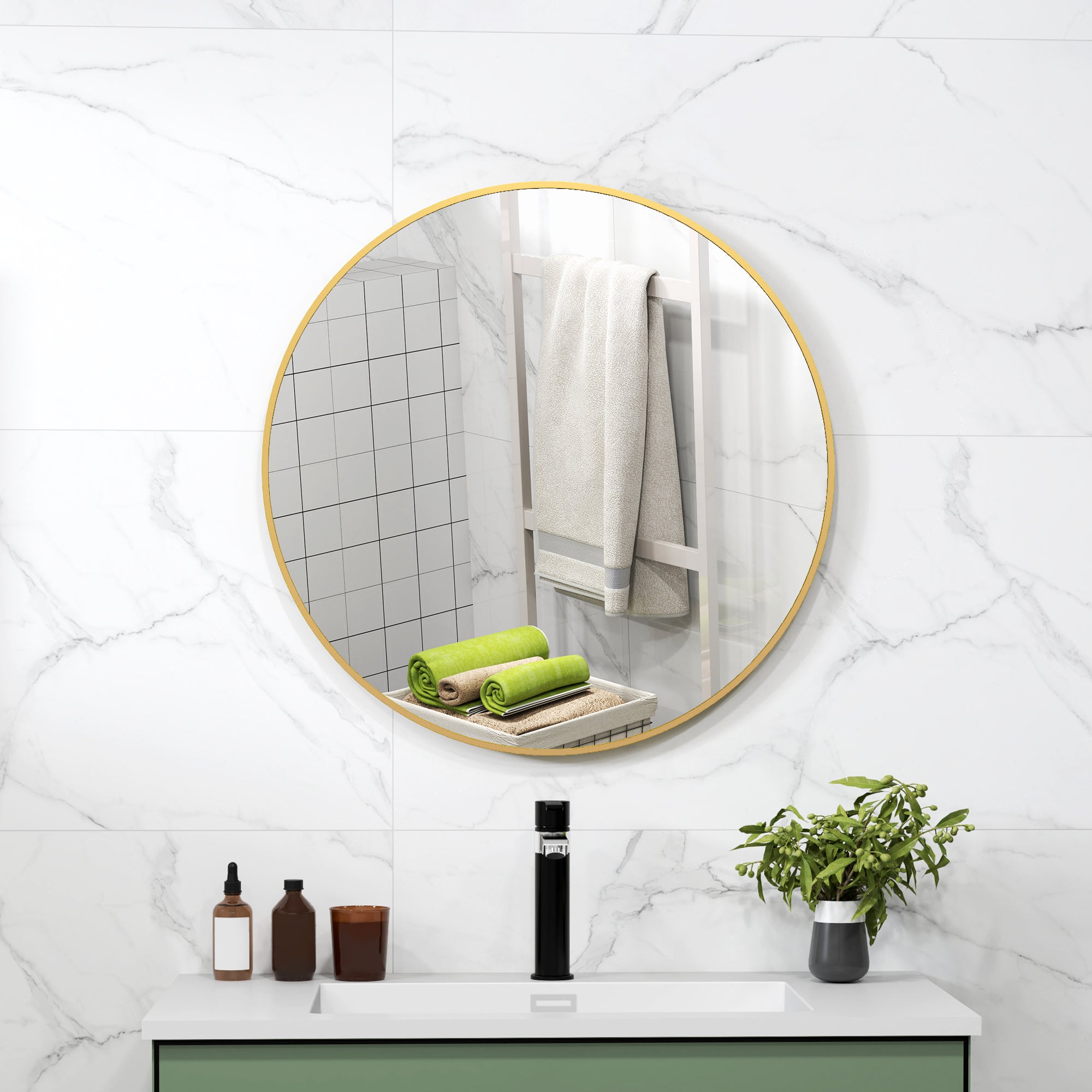 Round Mirror, Bathroom Mirror, Diameter 70 cm, Metal Frame, Wall Mirror, Easy to Install, for Bedroom, Living Room, Entryway, Gold