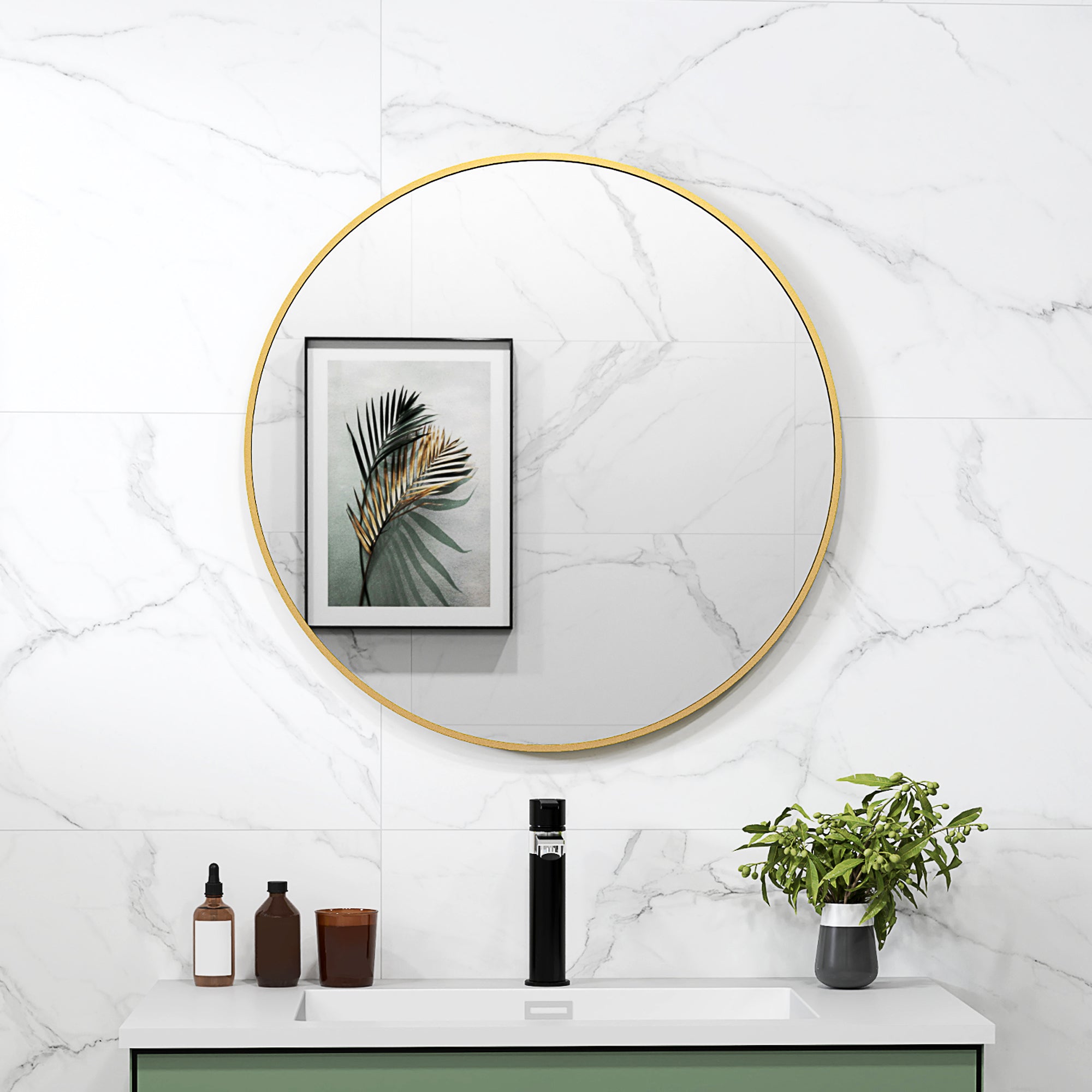 Round Mirror, Bathroom Mirror, Diameter 70 cm, Metal Frame, Wall Mirror, Easy to Install, for Bedroom, Living Room, Entryway, Gold