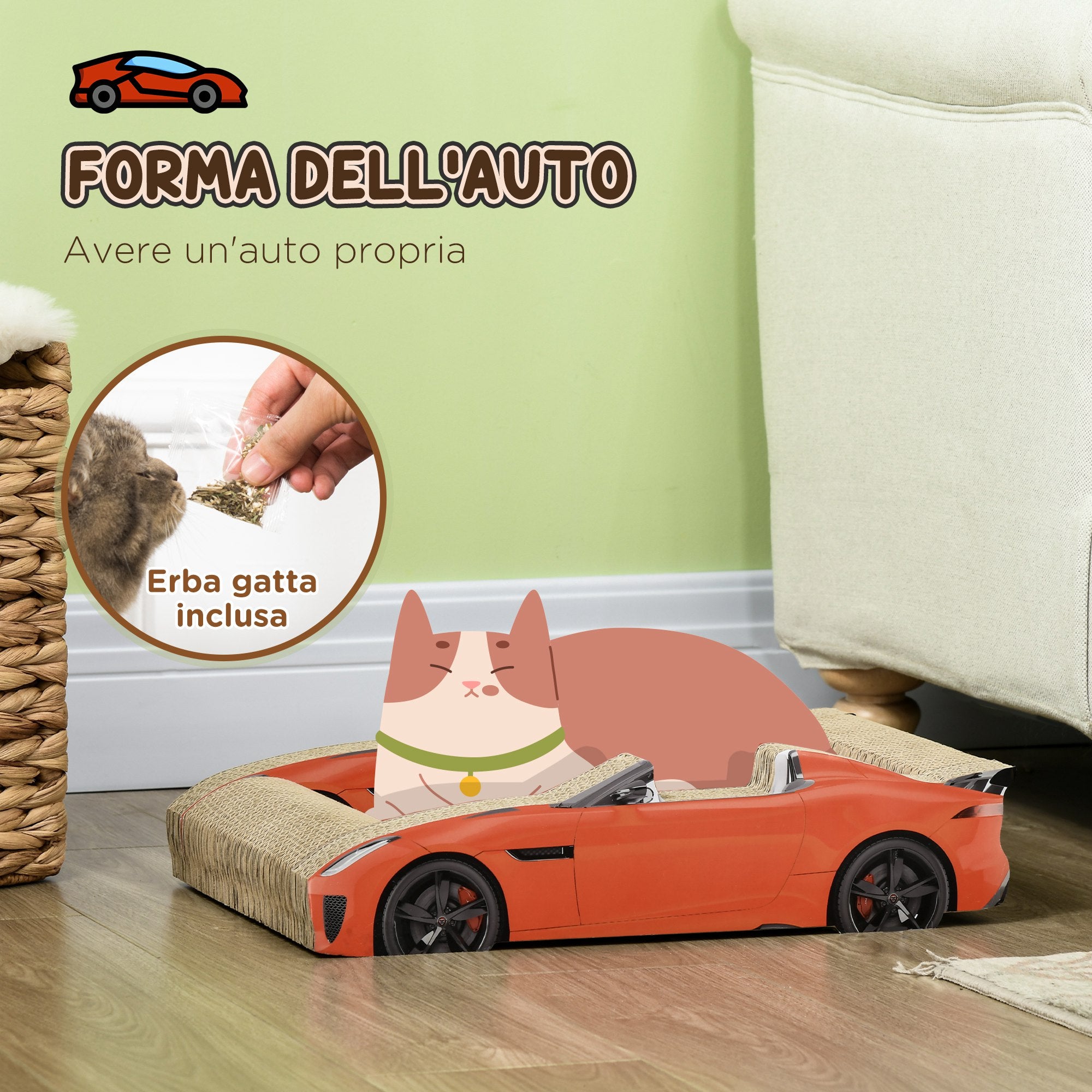 Car Shaped Cat Scratching Post with Catnip, Corrugated Cardboard Cat Scratchboard, 50x30x12.5 cm, Red