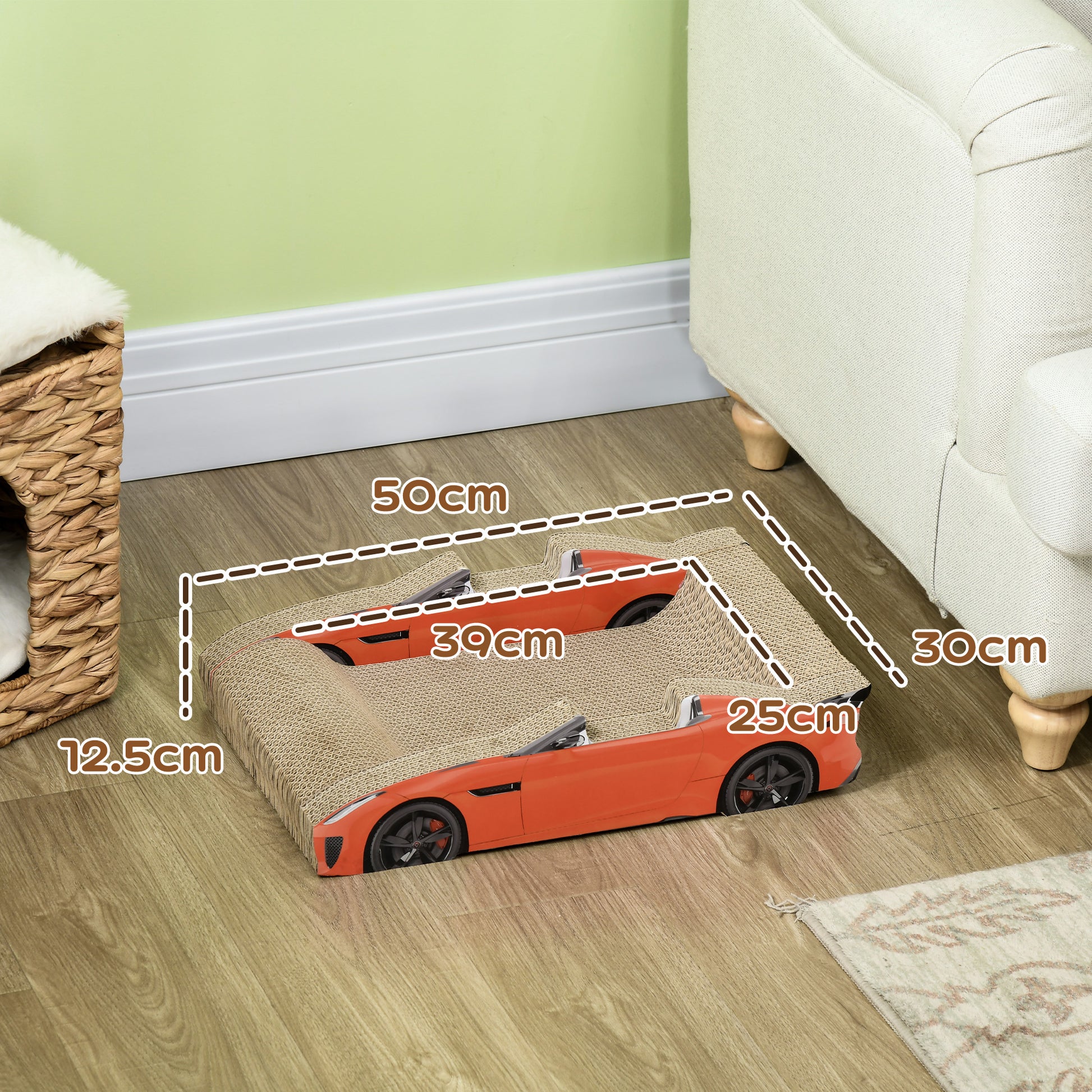 Car Shaped Cat Scratching Post with Catnip, Corrugated Cardboard Cat Scratchboard, 50x30x12.5 cm, Red