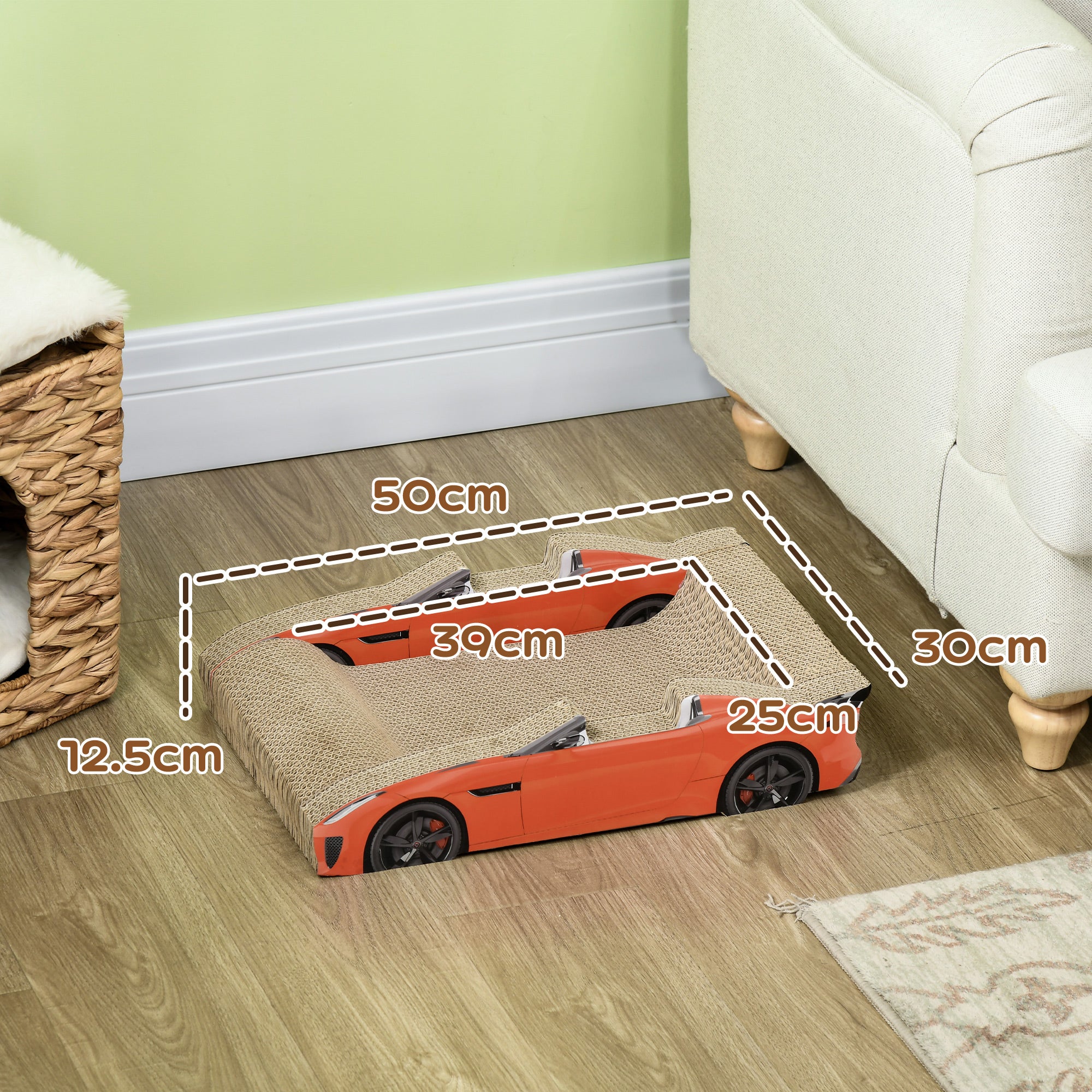 Car Shaped Cat Scratching Post with Catnip, Corrugated Cardboard Cat Scratchboard, 50x30x12.5 cm, Red