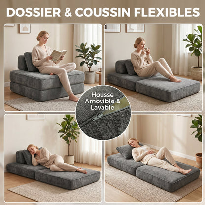 2-in-1 Folding Single Sofa Bed – Chenille Floor Chair with Thick Foldable Mattress, Removable Pillow & Backrest, Compressed, No Assembly, Gray