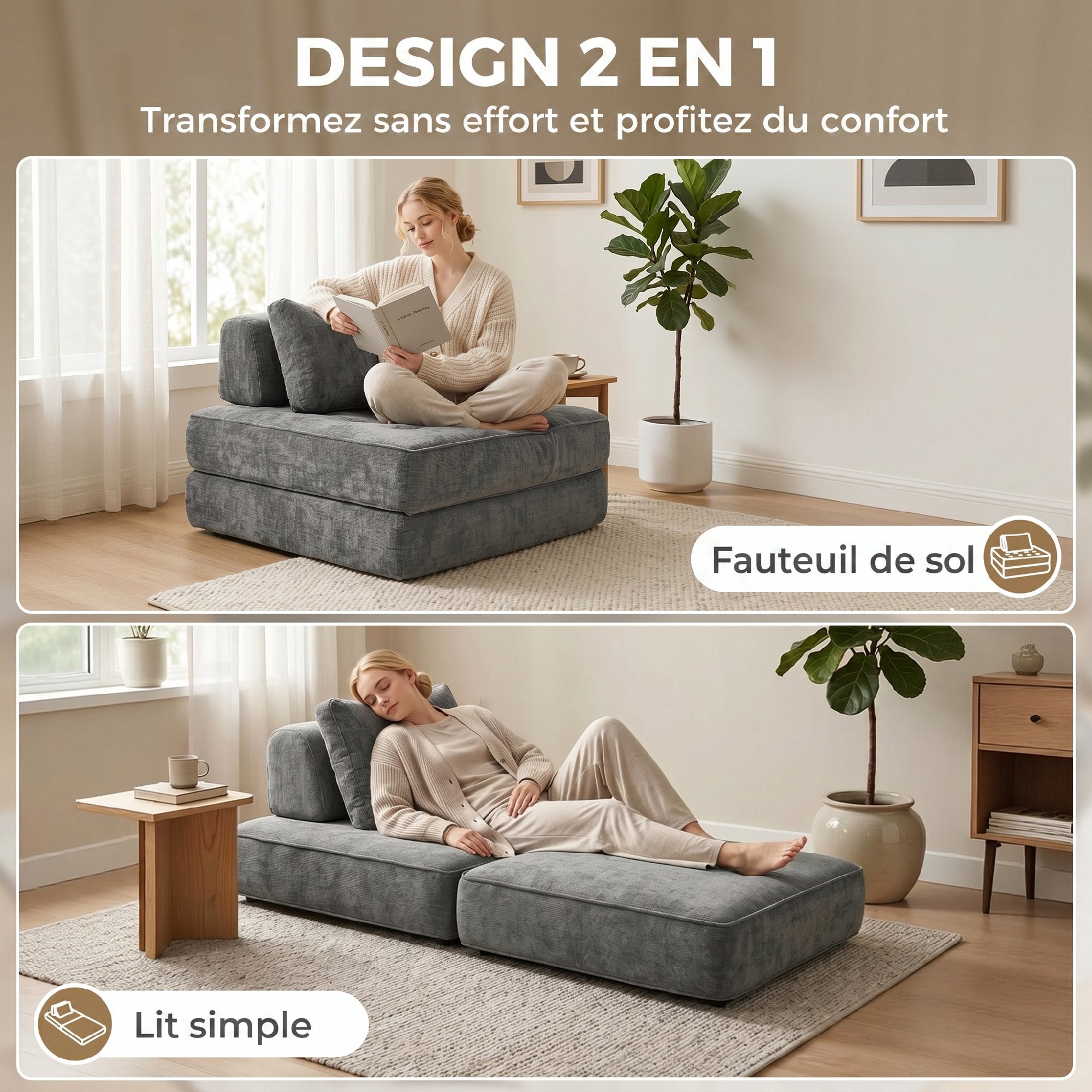 2-in-1 Folding Single Sofa Bed – Chenille Floor Chair with Thick Foldable Mattress, Removable Pillow & Backrest, Compressed, No Assembly, Gray