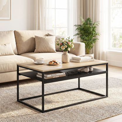 Coffee Table with Shelf, Modern Industrial Side Table for Living Room or Bedroom, 39.4 x 23.6 x 18.5 in (100 x 59.8 x 47 cm), Oak