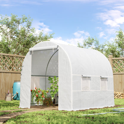 Greenhouse 245x200x200cm Foil Greenhouse Tomato House with Door, Window, Poly Tunnel made of Galvanized Steel, Plant Tunnel, Greenhouse including Ground Anchors Ropes, Garden Tunnel, White