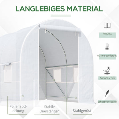 Greenhouse 245x200x200cm Foil Greenhouse Tomato House with Door, Window, Poly Tunnel made of Galvanized Steel, Plant Tunnel, Greenhouse including Ground Anchors Ropes, Garden Tunnel, White