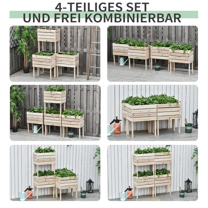 4-Piece Raised Bed Planters Wooden Planting Box 4 Combination Modes in Garden and Balcony 50 x 30 x 60 cm Natural